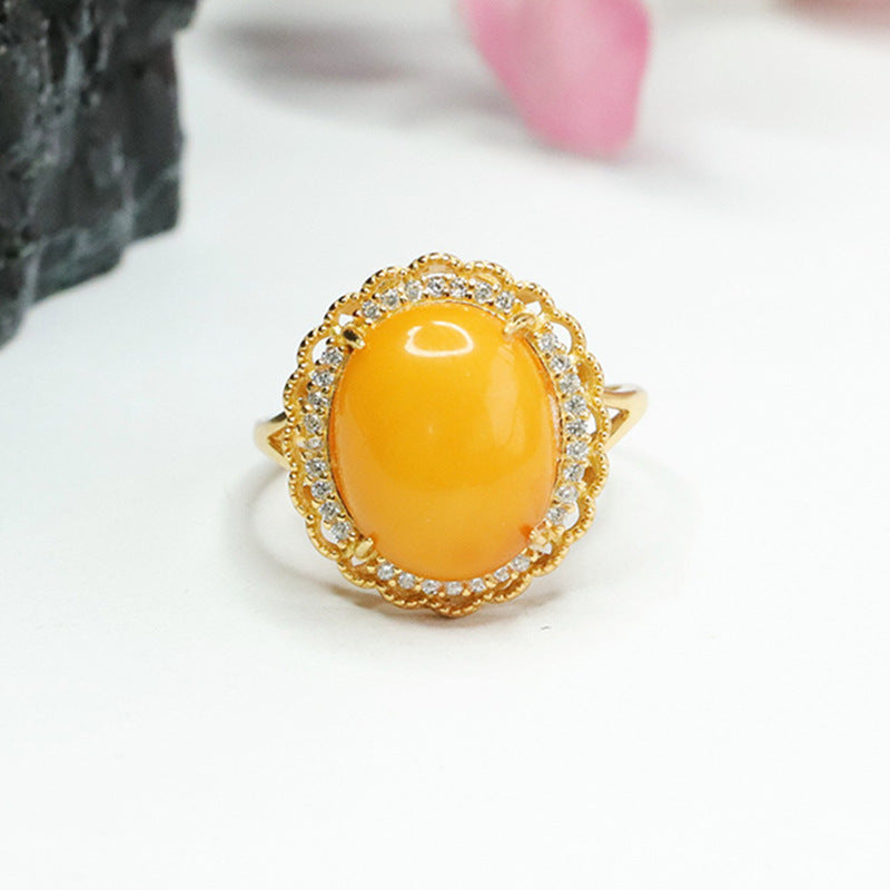 Sterling Silver Flower Ring with Beeswax Amber and Zircon Detail