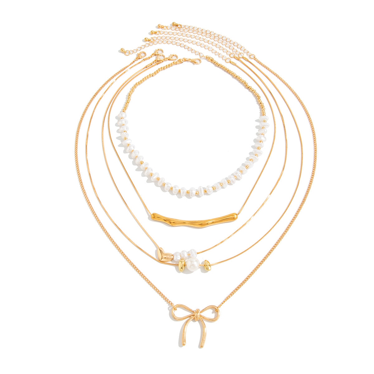Geometric Pearl Heart & Bow Layered Necklace