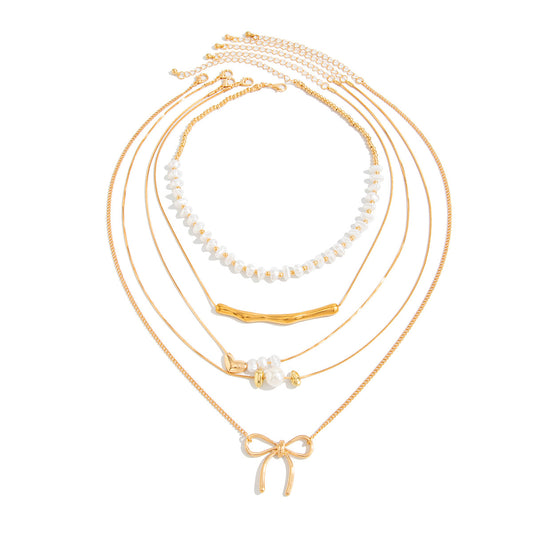 Geometric Pearl Heart & Bow Layered Necklace