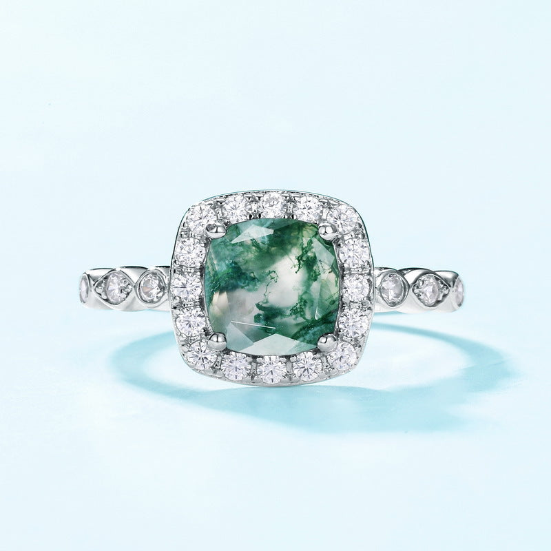 S925 Sterling Silver Moss Agate Pavé Ring