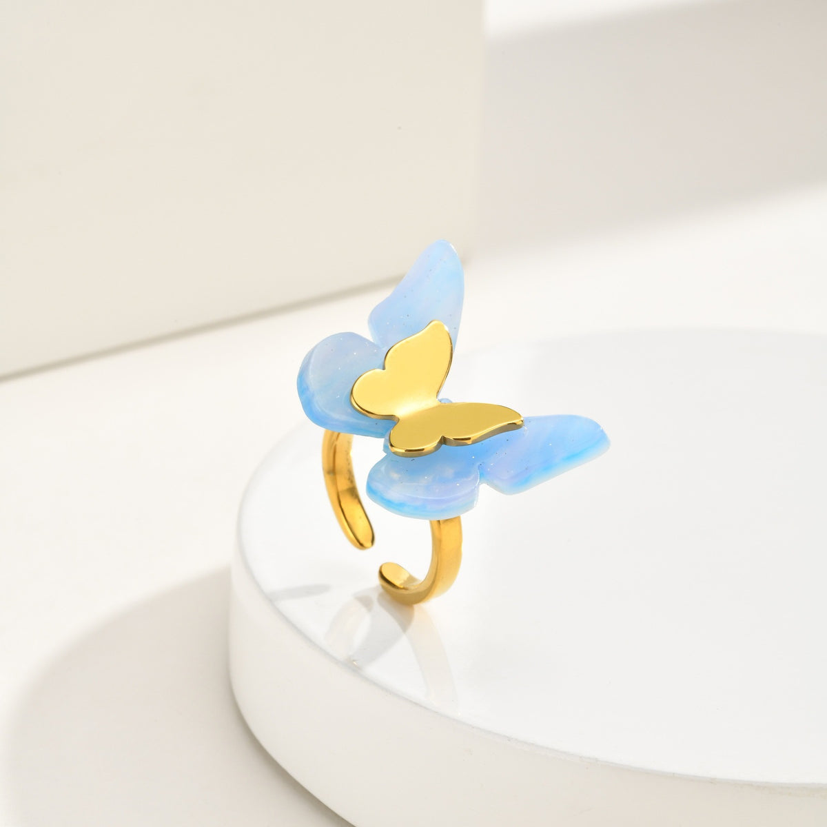 Cold Style Stainless Steel Blue Butterfly Double-Layer Open Ring