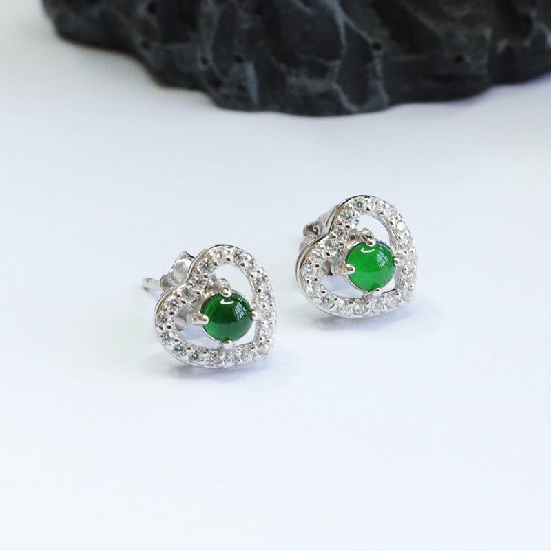 Icy Green Jadeite Heart 925 Silver Stud Earrings