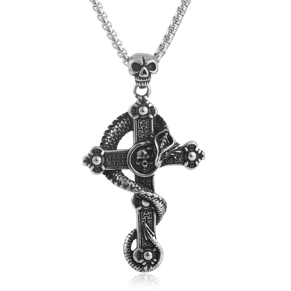 European And American Stainless Steel Skull Pendant Men's Trendy Retro Titanium Steel Cross Necklace