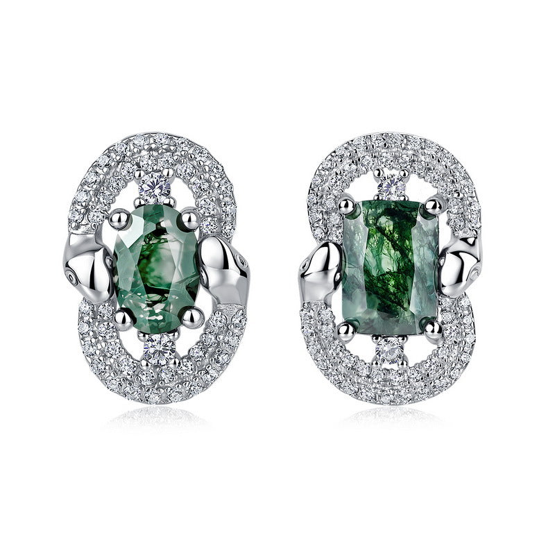 S925 Sterling Silver Moss Agate Signature Stud Earrings