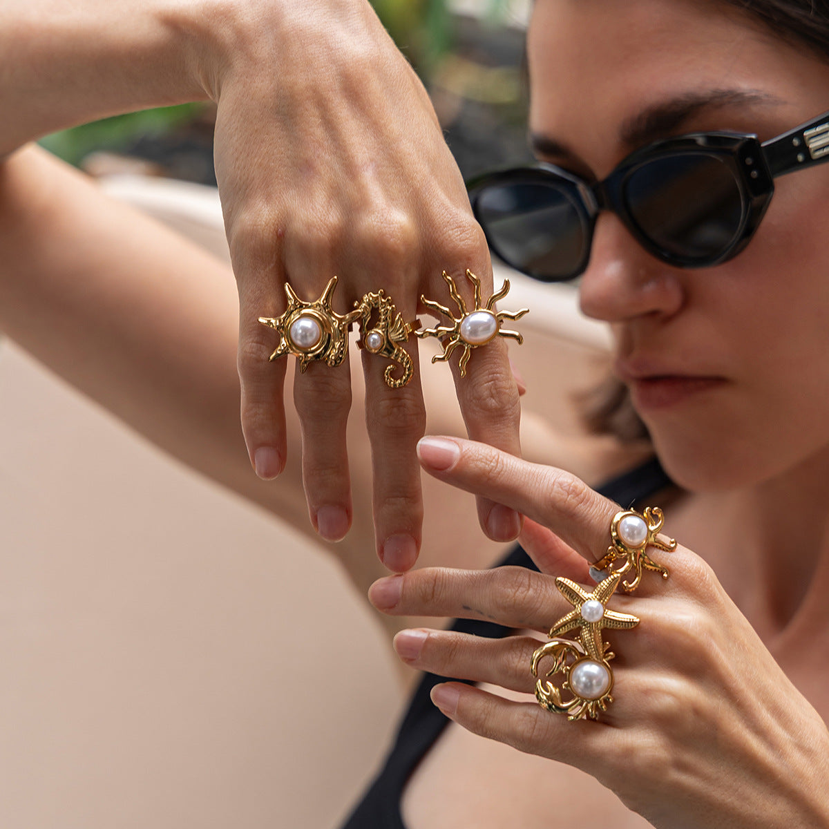 Planderful Ocean Starfish Ring With Imitation Pearl Adjustable Stainless Steel Statement Beach Jewelry For Women