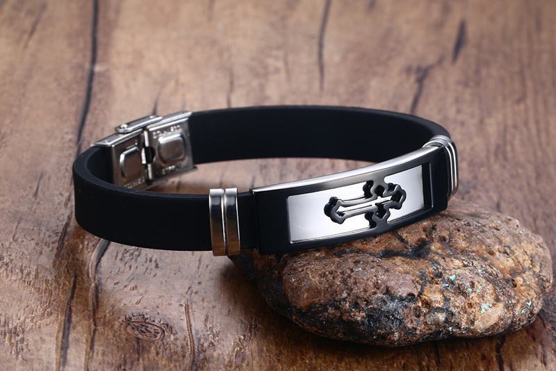 Adjustable Silicone Bracelet Stainless Steel Cross Strap Bracelet for Men