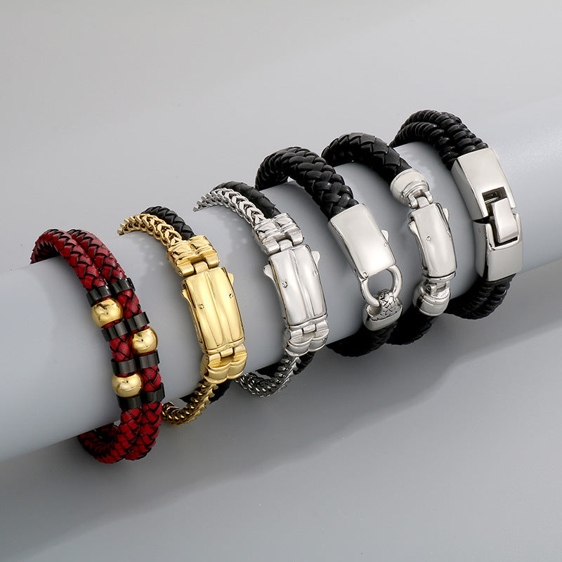 Stylish & Double-Layer Spliced Leather Bracelet – Vacuum Electroplated Spring Buckle
