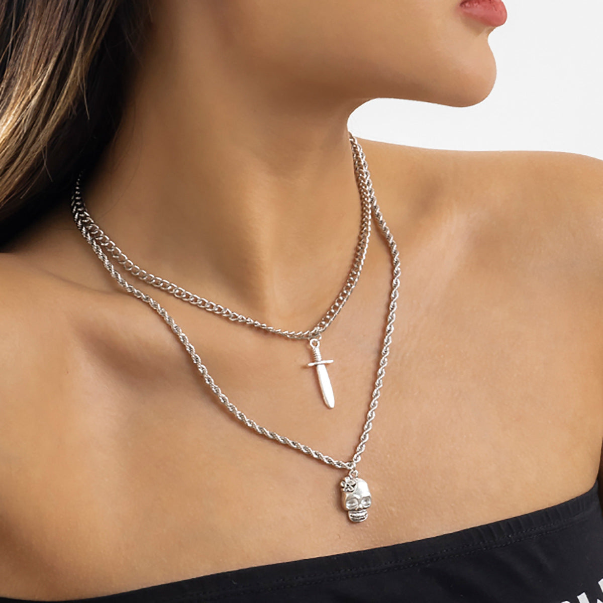 Planderful Dagger Skull Double Necklace Vienna Verve Metal Jewelry For Women Bold Geometric Statement