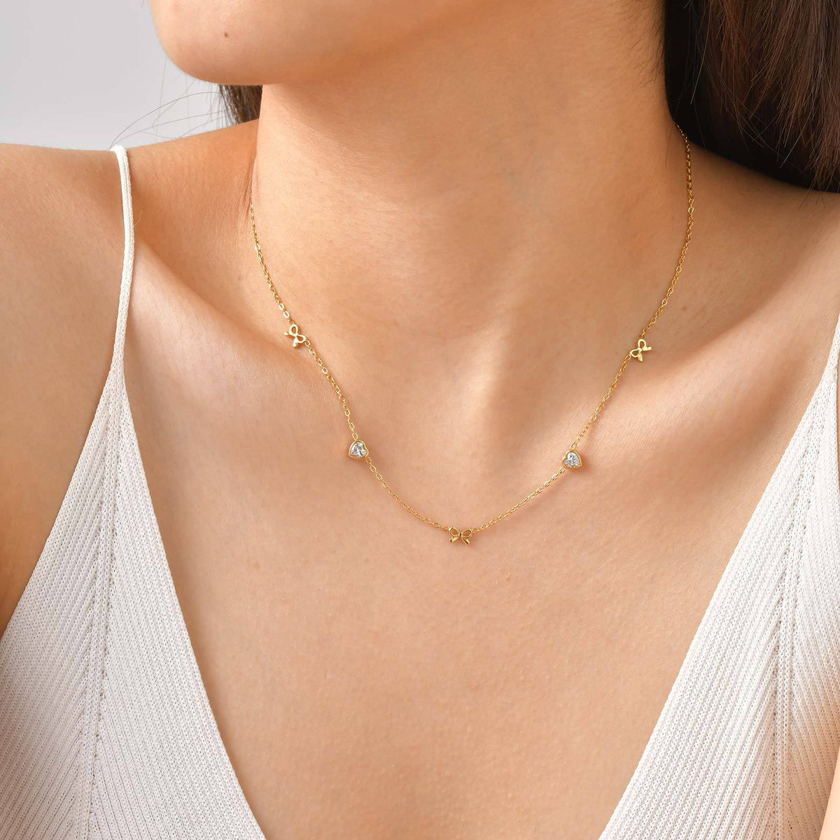 Stainless Steel Heart-Shaped White Zircon Cherry Heart-Shaped White Zircon Bow Necklace