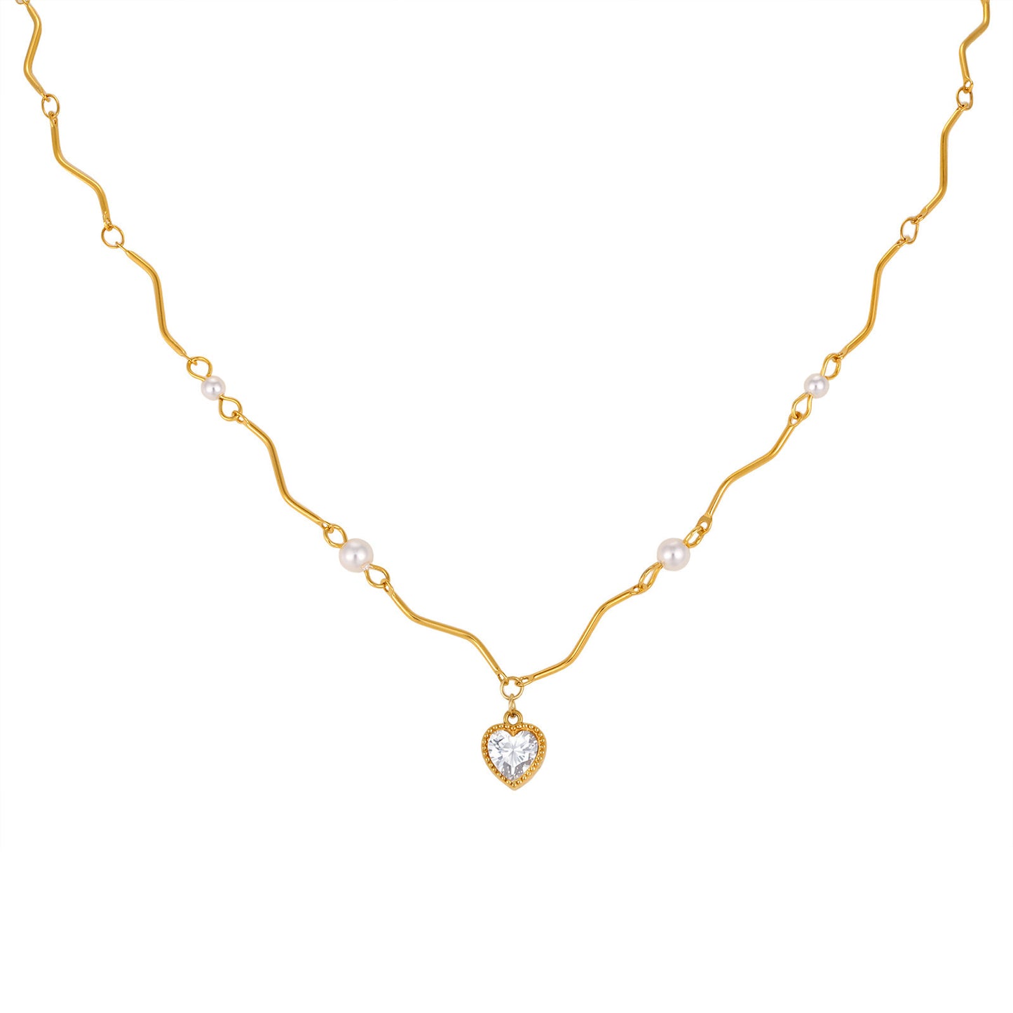 Stainless Steel Imitation Pearl Heart-Shaped Wavy White Zirconium Gold Premium Necklace