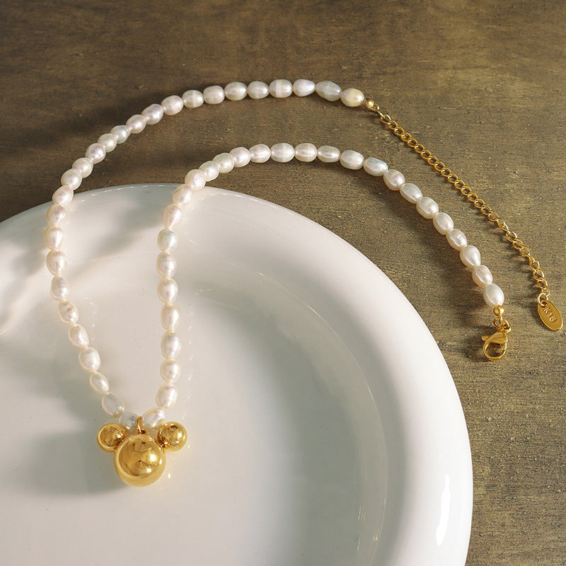 Freshwater Pearl Necklace with Cartoon Mouse Charm
