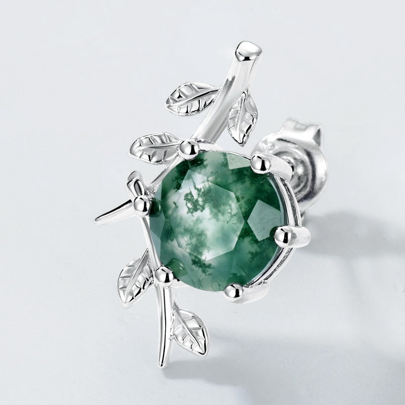 S925 Sterling Silver Moss Agate Olive Branch Stud Earrings
