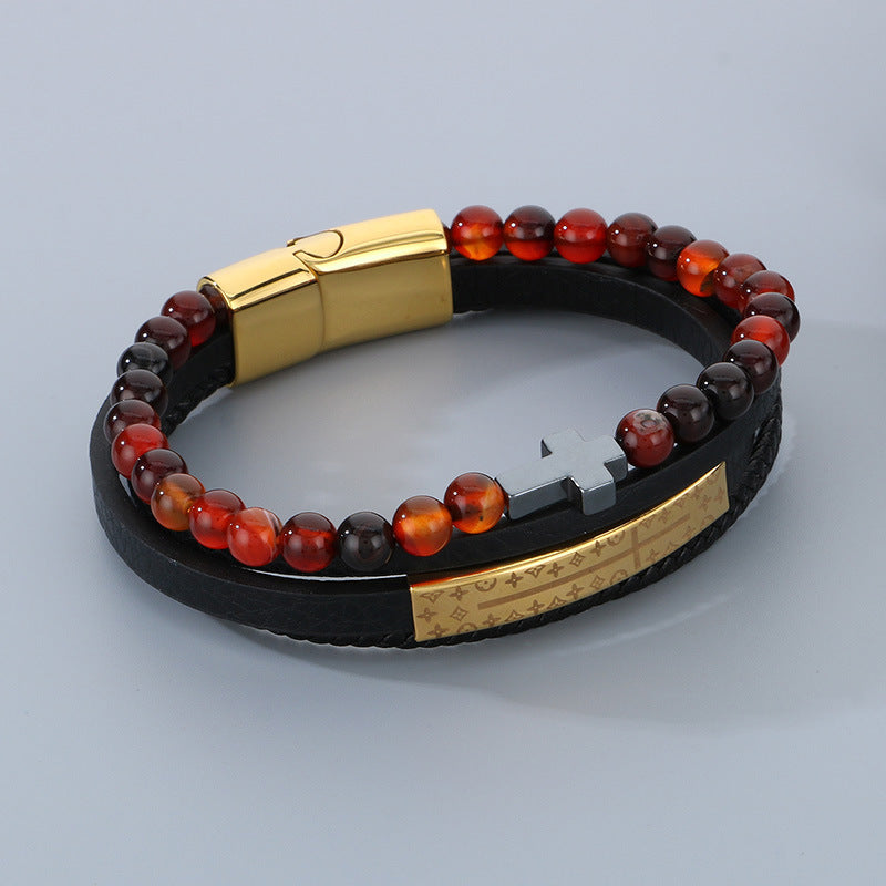 Planderful Men's Titanium Steel Cross Braided Rope Bracelet