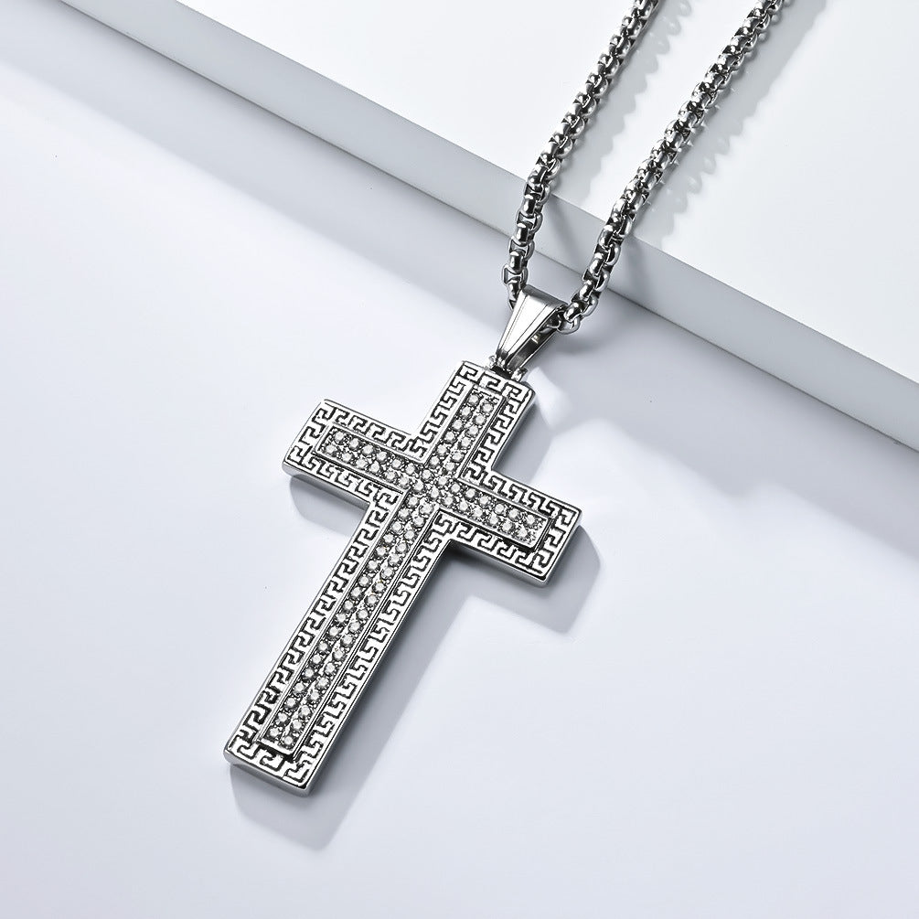 Planderful Mens Cross Necklace Titanium Steel With Zircon Great Wall Retro Pattern For Men