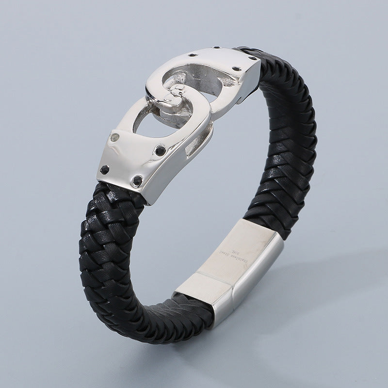 Stylish Black Woven Leather Rope Bracelet with Vacuum Electroplated Titanium Steel for Men