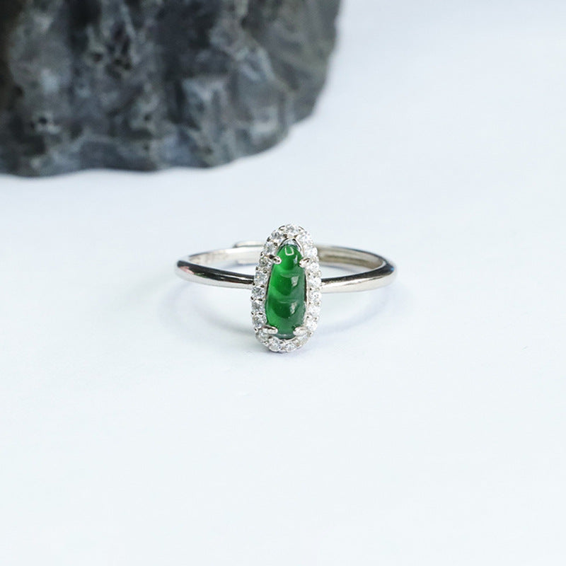 Icy Green Jadeite Bean 925 Silver Adjustable Ring
