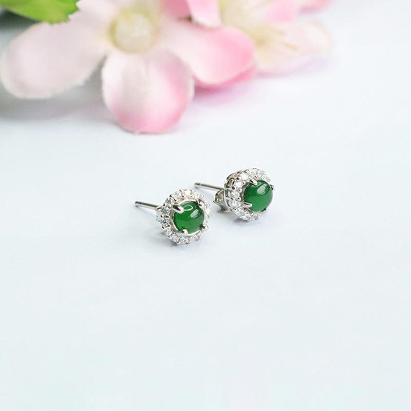 Icy Green Jadeite Zircon Halo Stud Earrings