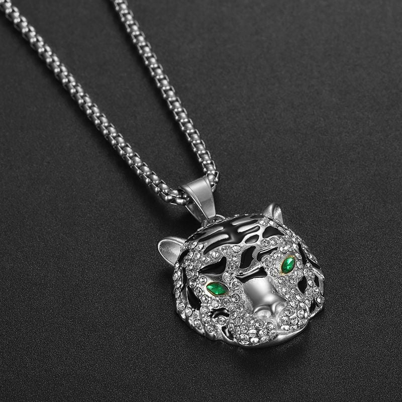 Titanium Steel Necklace – Luxury Gold-Plated Rhinestone Tiger Head Pendant For Everyday Hip Hop Style