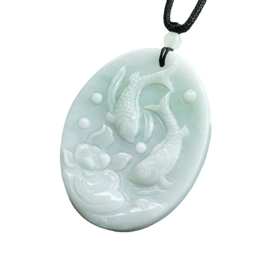 Lotus Leaf Fish Myanmar Jade Oval Pendant - Sterling Silver Jewelry