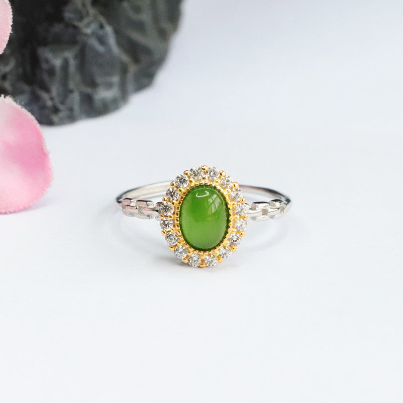 Sterling Silver Jasper and Golden Zircon Halo Jade Ring
