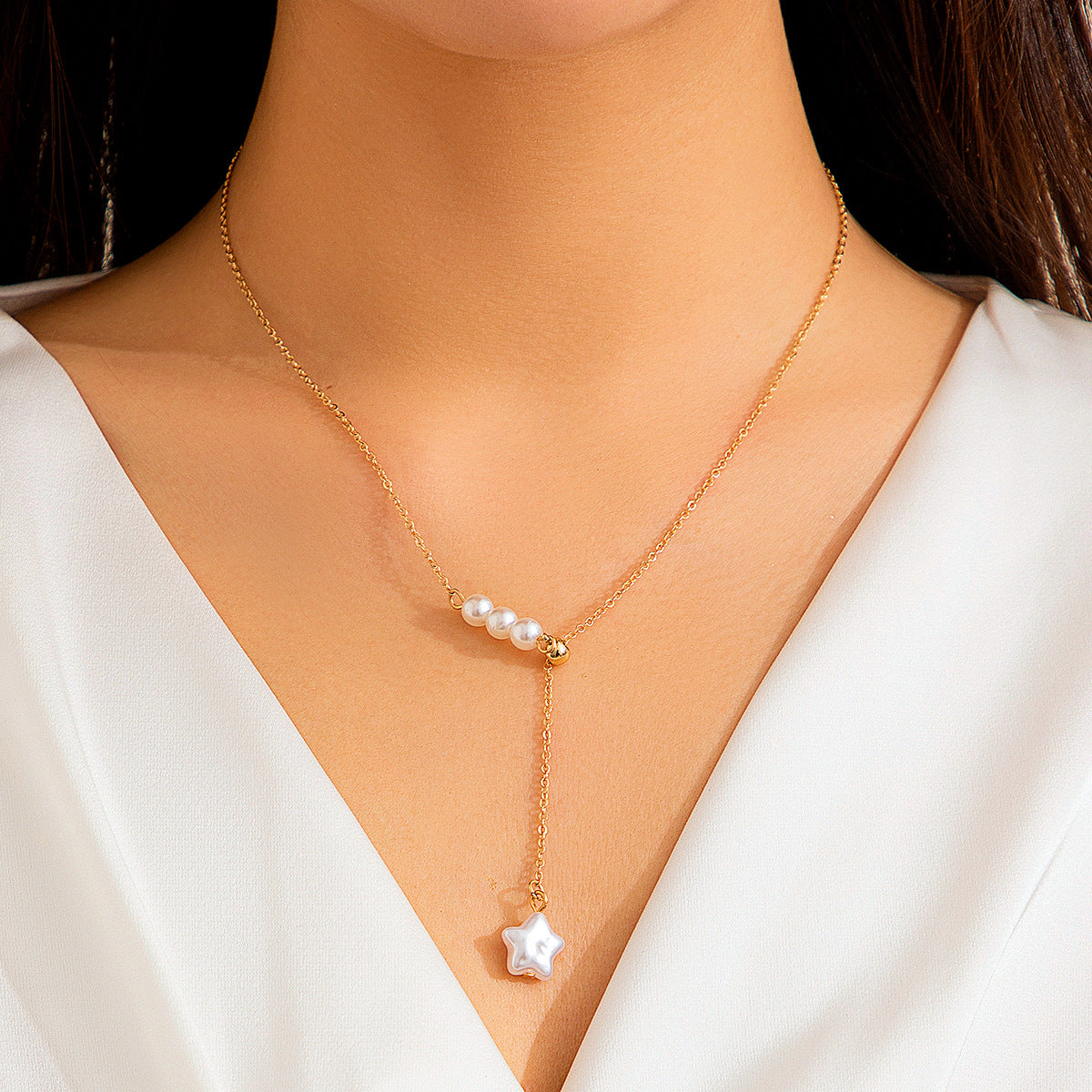Adjustable Star & Pearl-Style Pendant Necklace