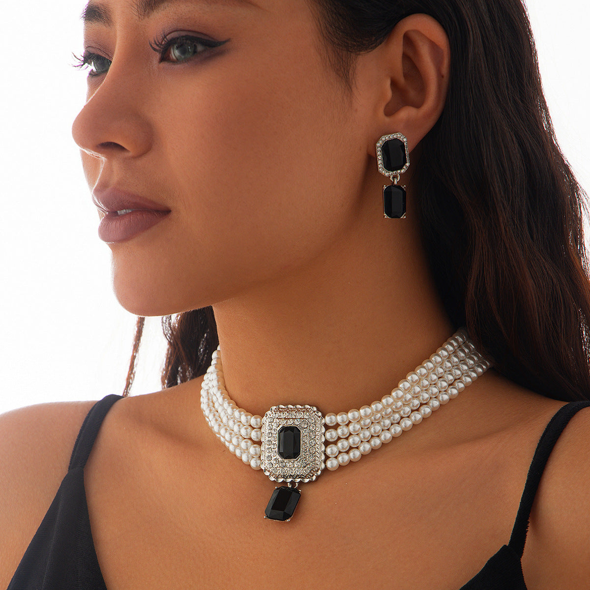 Square Crystal & Pearl-Style Layered Choker