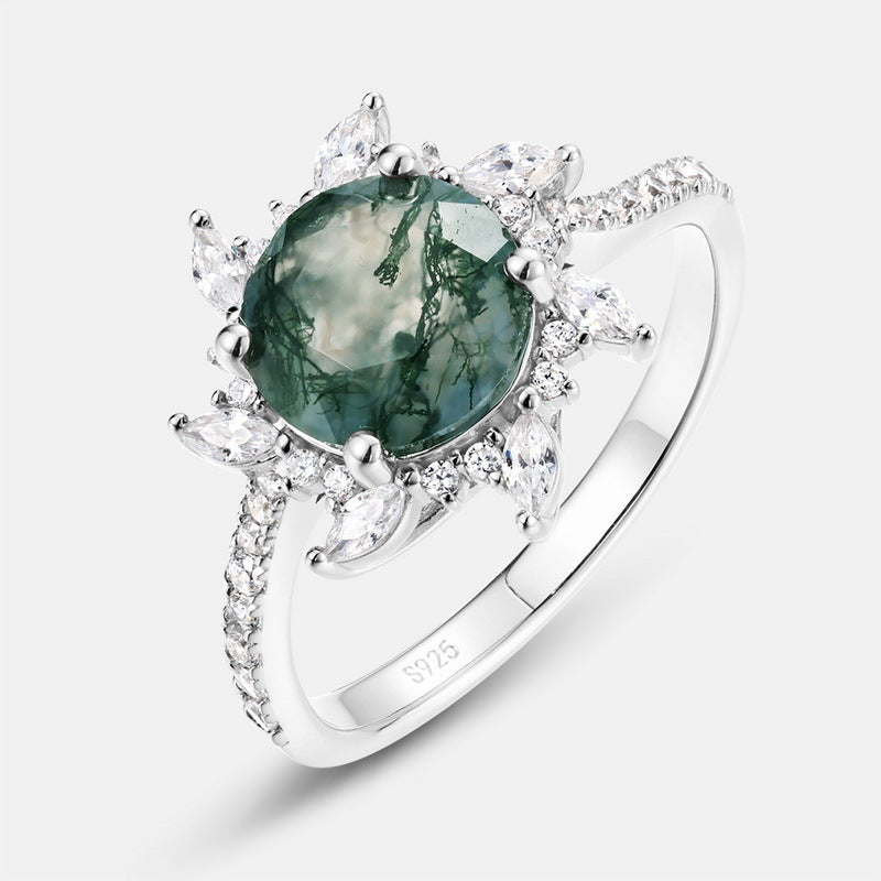 Planderful Jewelry Sterling Silver Green Moss Agate Ring For Women With Sun Design Statement