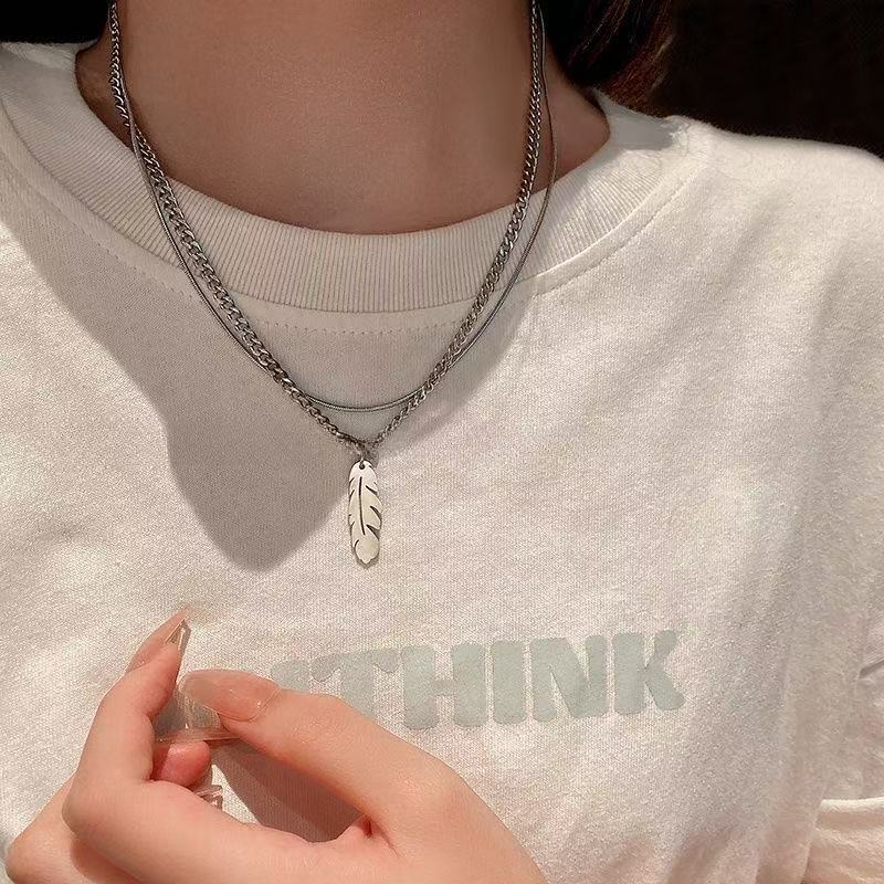 Planderful Jewelry Titanium Steel Double Layer Snake Chain Feather Necklace Clavicle Pendant