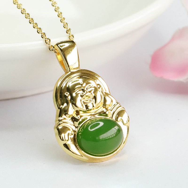 Maitreya Buddha Hetian Jade Pendant with Jasper in Sterling Silver