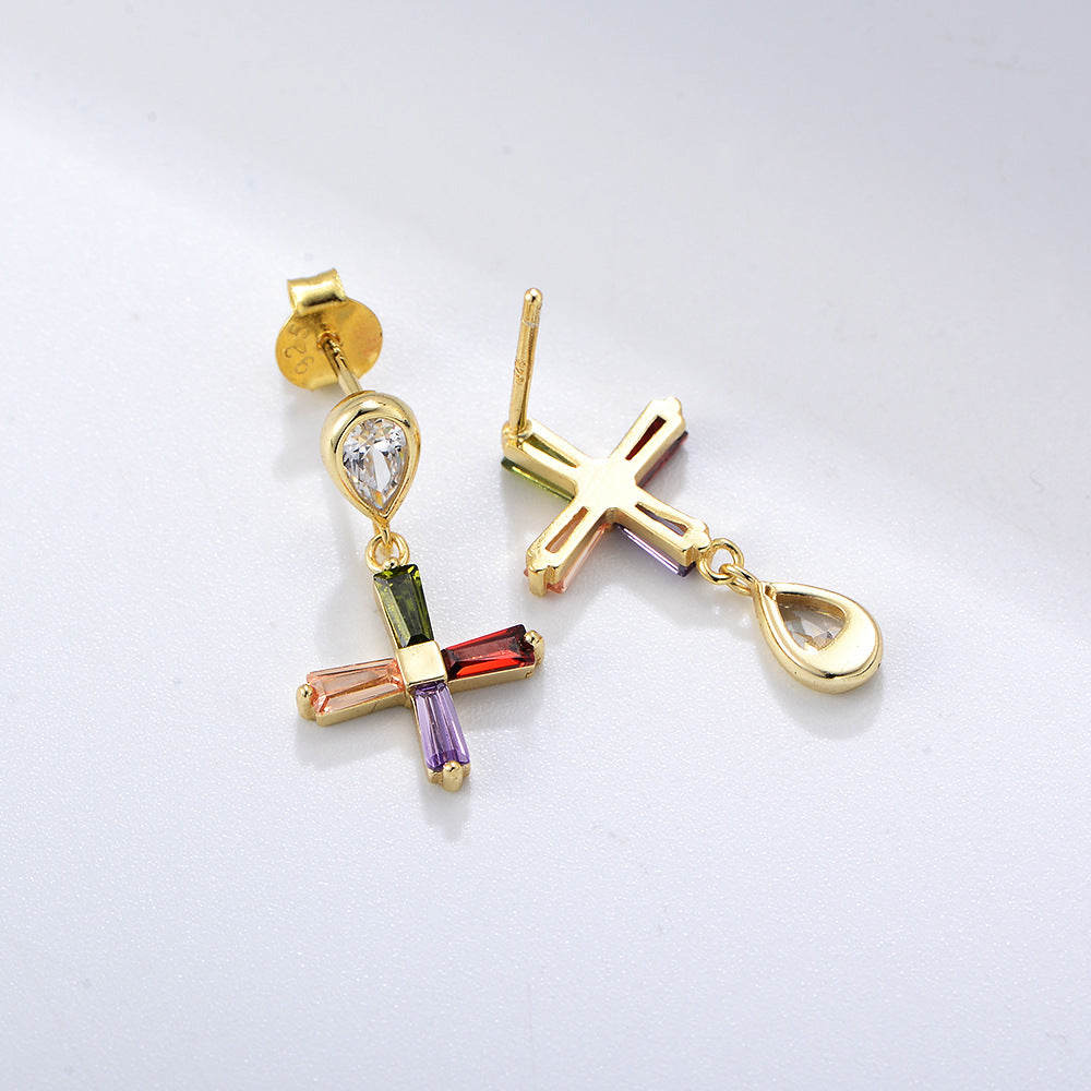 Color Zircon Asymmetric Cross Stud Earrings Sterling Silver Jewelry Earrings