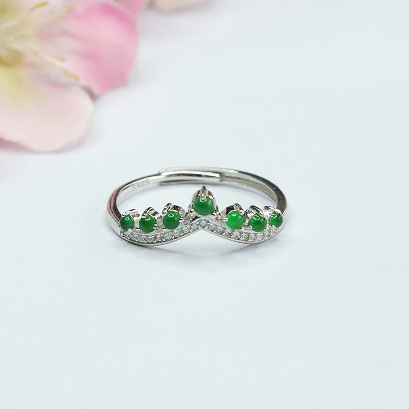 Sterling Silver Adjustable Ice Emperor Green Jade Crown Ring