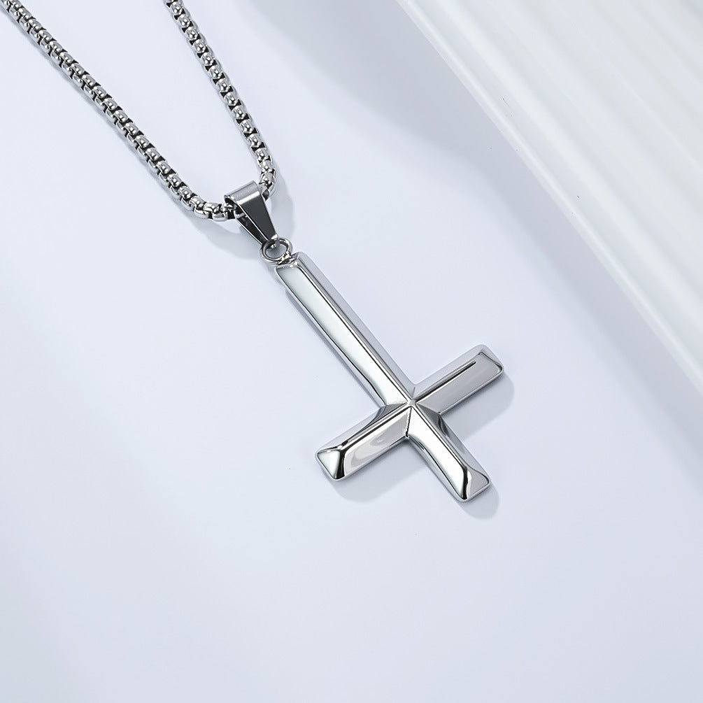 Planderful Collection Inverted Cross Necklace Unisex Rhombus Pendant Stainless Steel Protection Statement Jewelry