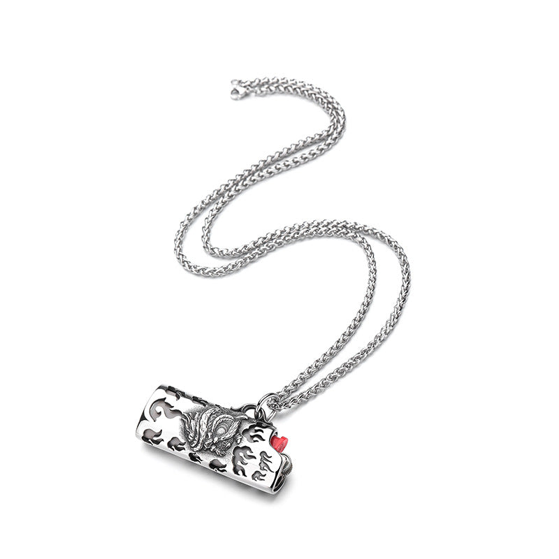 Steel Necklace – Statement Tiger and Lion Pattern Lighter Pendant For Men By Planderful Jewelry