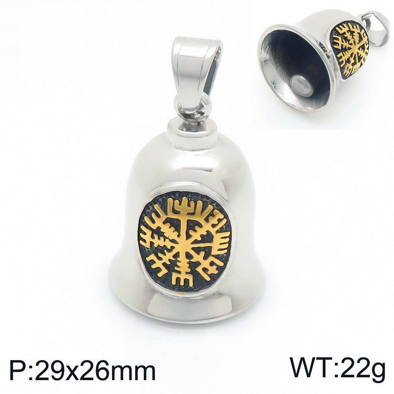 Viking Triangle Charm Locomotive Hanging Bells, Vintage Masonic Cross Angel Wings Bells Titanium Necklace