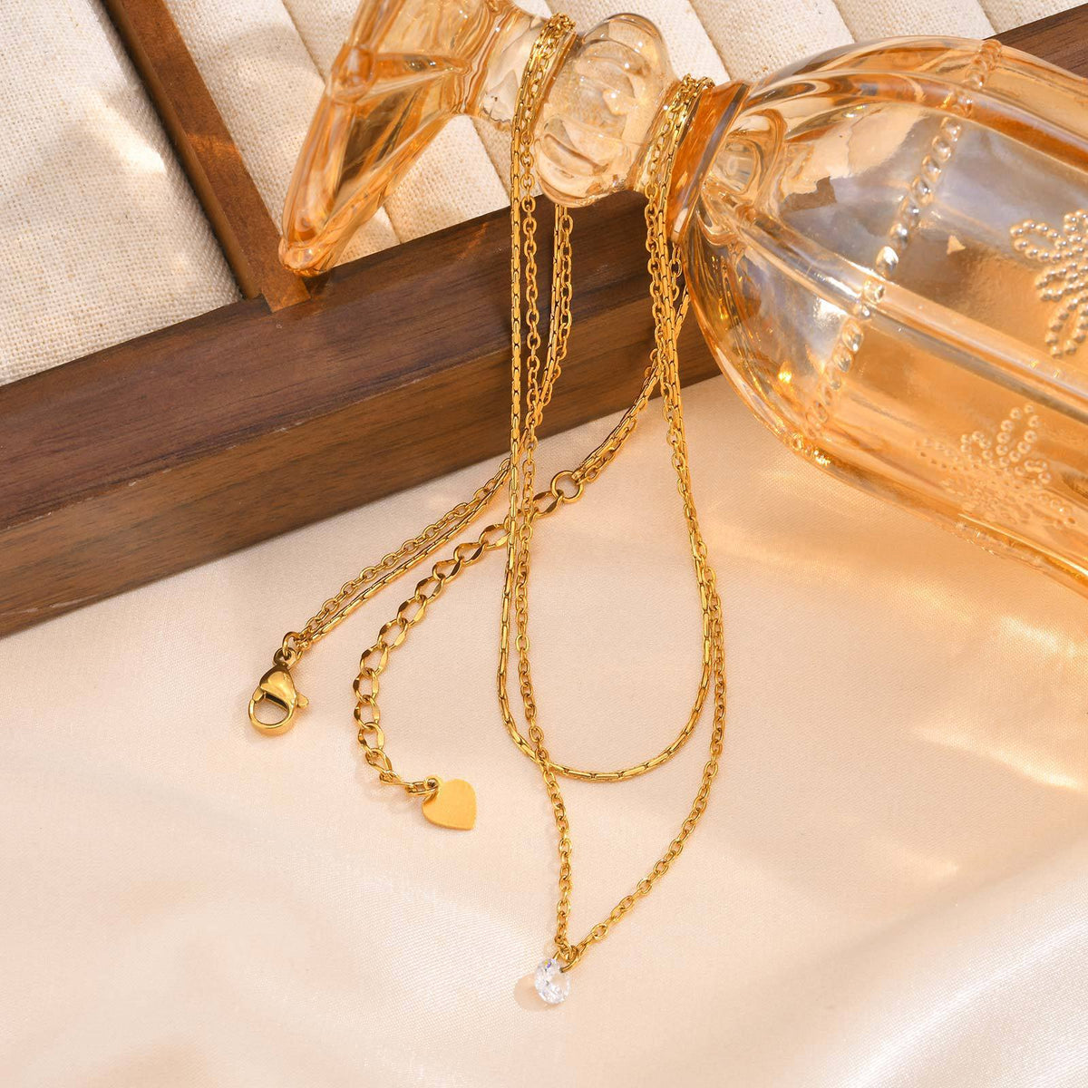 Stainless Steel Double Chain White Zircon Gold Necklace Female