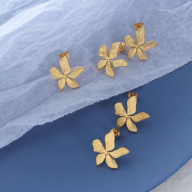 Vintage French Petal Embossed Gold Earrings - Unique Retro Ear Jewelry