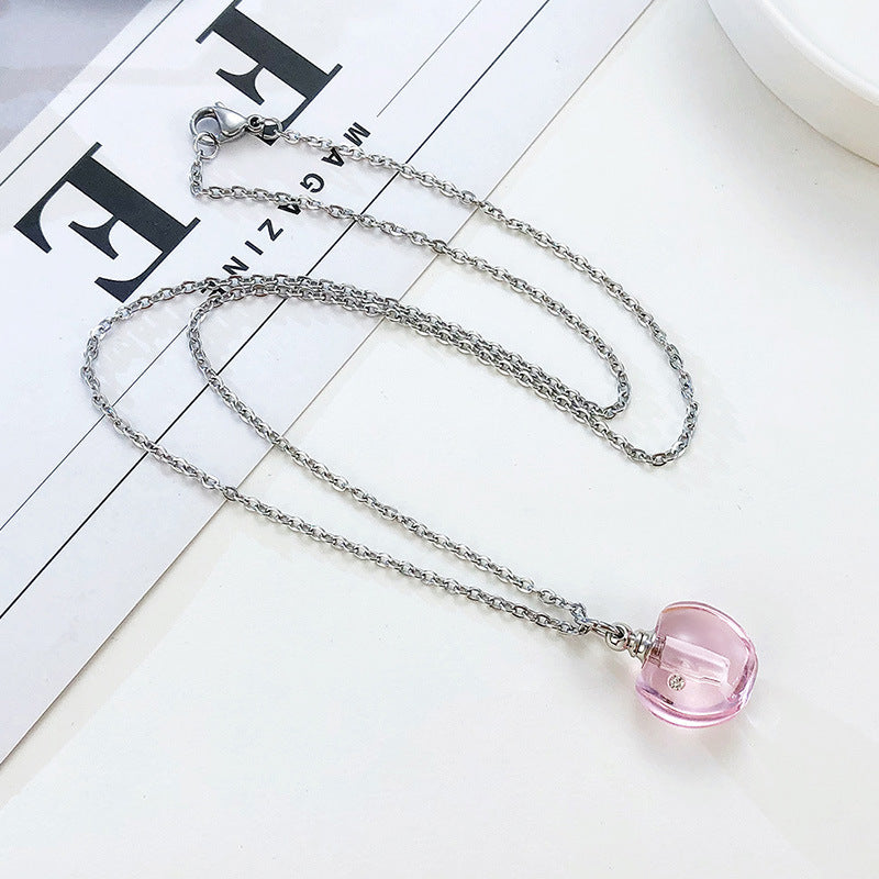Stainless Steel Green Pink Glass Apple Urn Perfume Pendant Necklace
