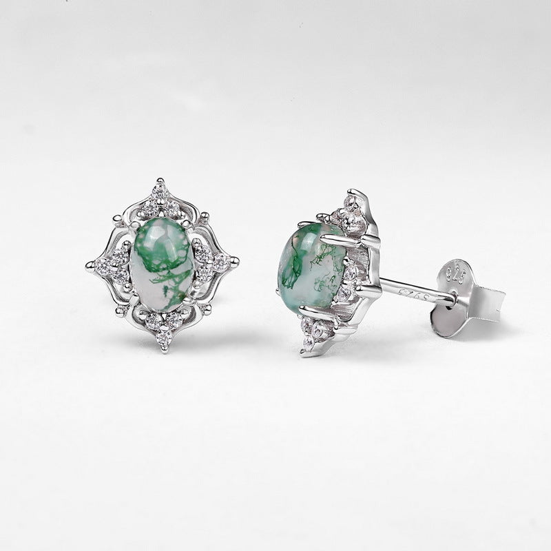 S925 Sterling Silver Moss Agate Openwork Stud Earrings