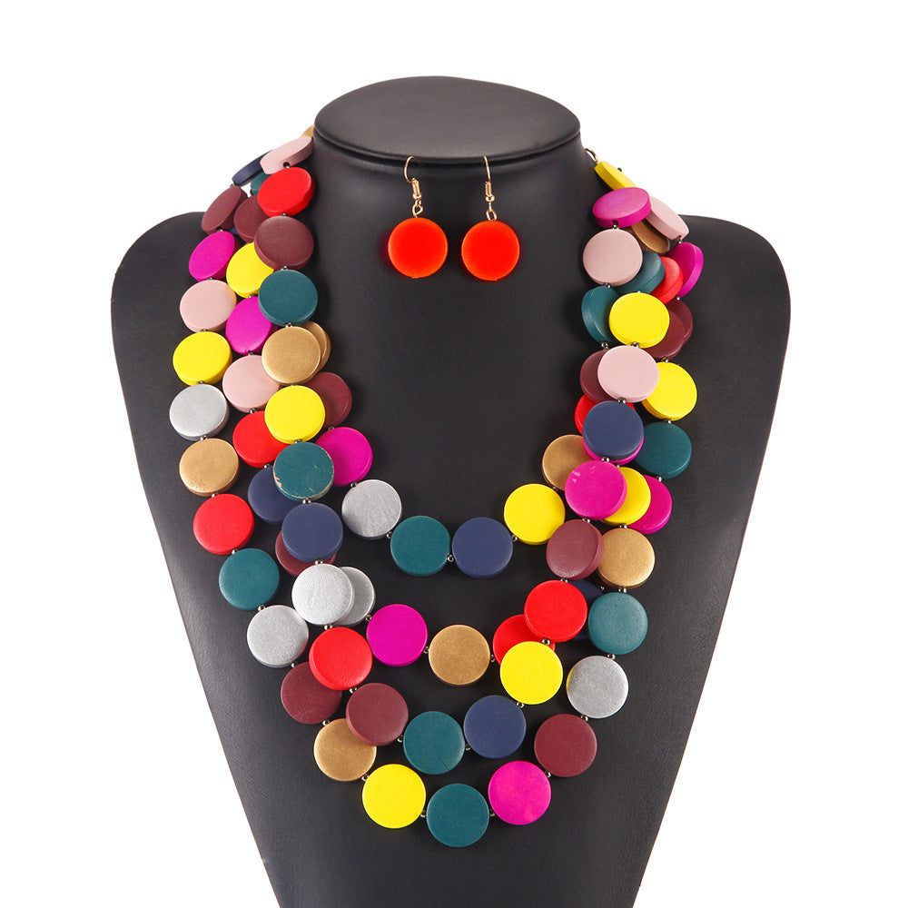 Colorful Wooden Savanna Rhythms Necklace Set with Ethnic Tassel and African Style Sweater Chain