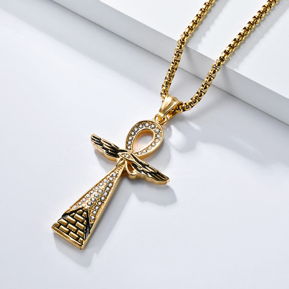 Planderful Anka Cross Necklace Titanium Steel For Men Vintage Egyptian Pendant Durable Bold Style