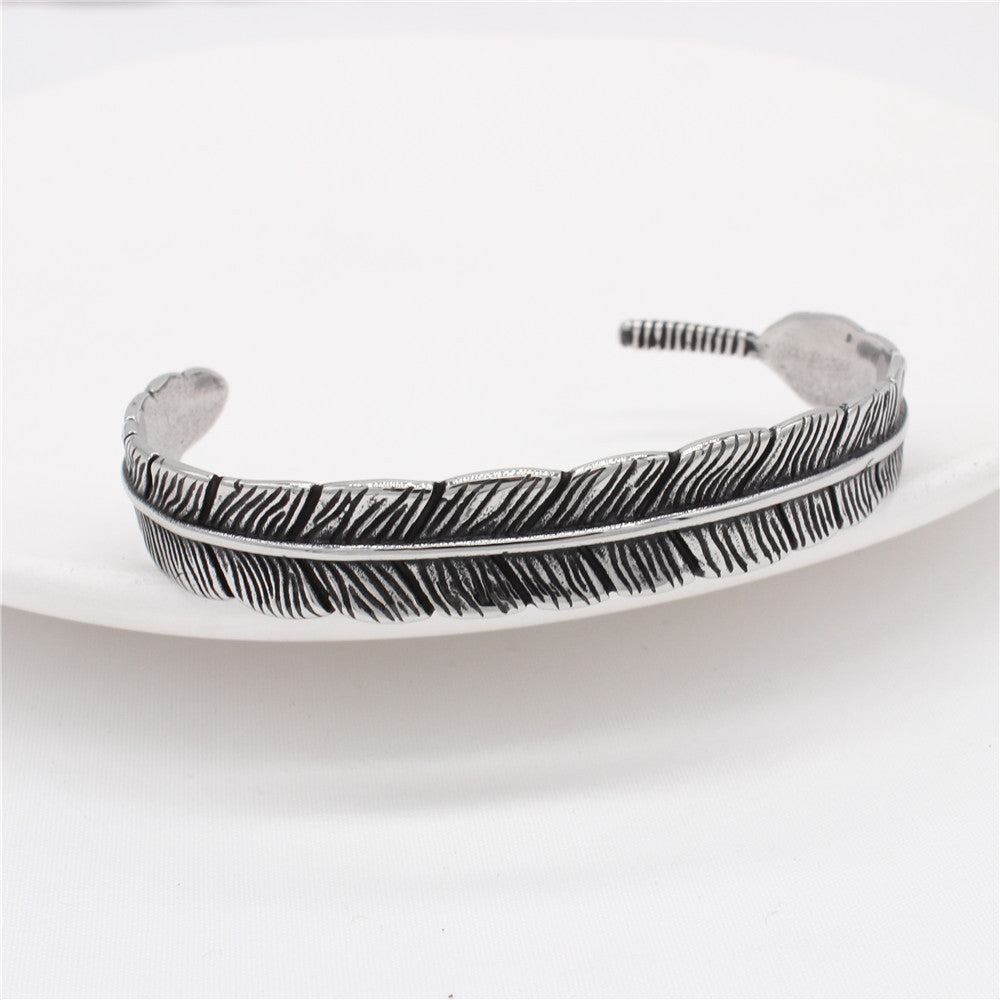 Titanium Steel Bracelet Feather Charm Unisex Planderful Everyday Genie Protection Statement Jewelry