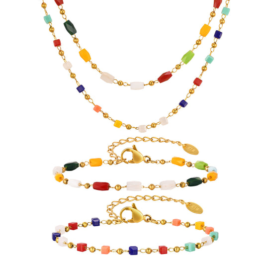 Jewelry Stainless Steel Chain Rectangle Cut Color Beaded Bracelet Necklace 18K Gold