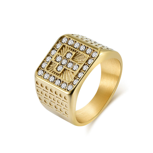 Planderful Hip Hop Mens Cross Ring Titanium Steel Plated 18K Gold Zircon Premium Light Luxury Jewelry
