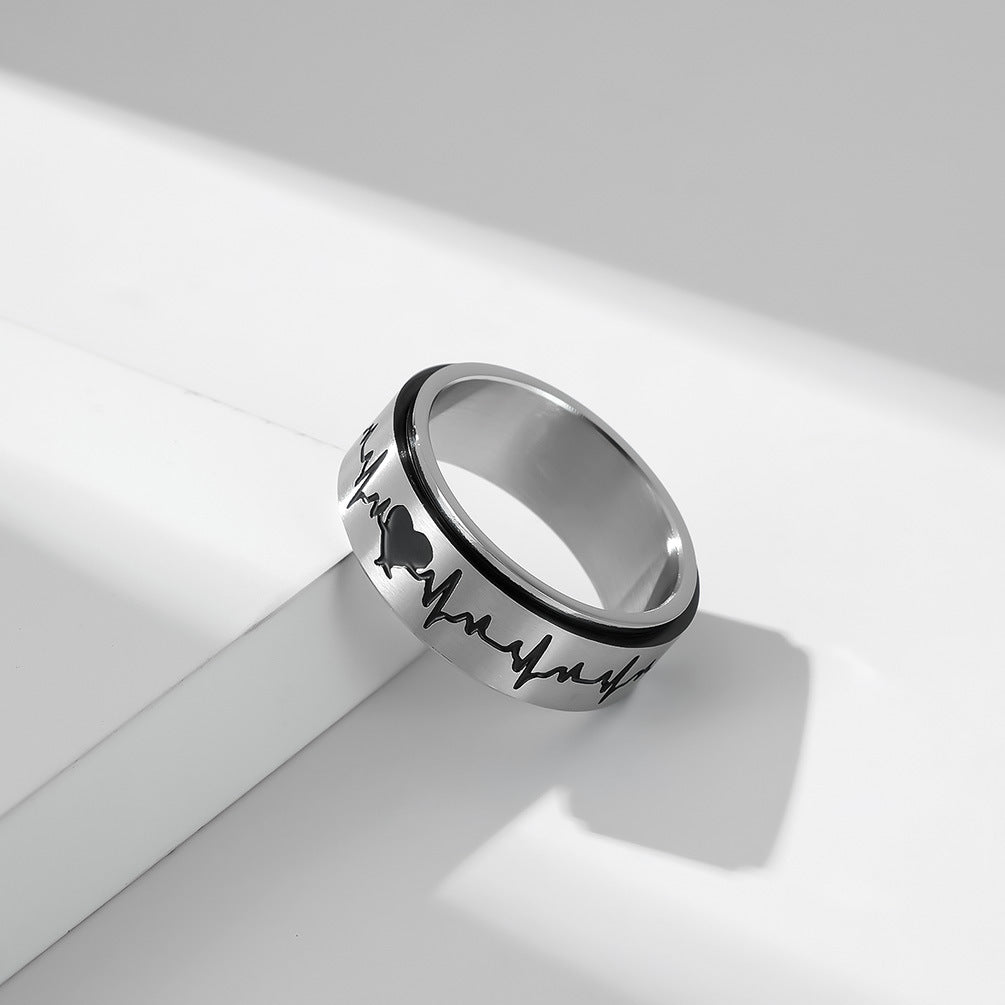 Stainless Steel Rotating Electrocardiogram Couple Ring – Heart Beat Stress-Relief Stainless