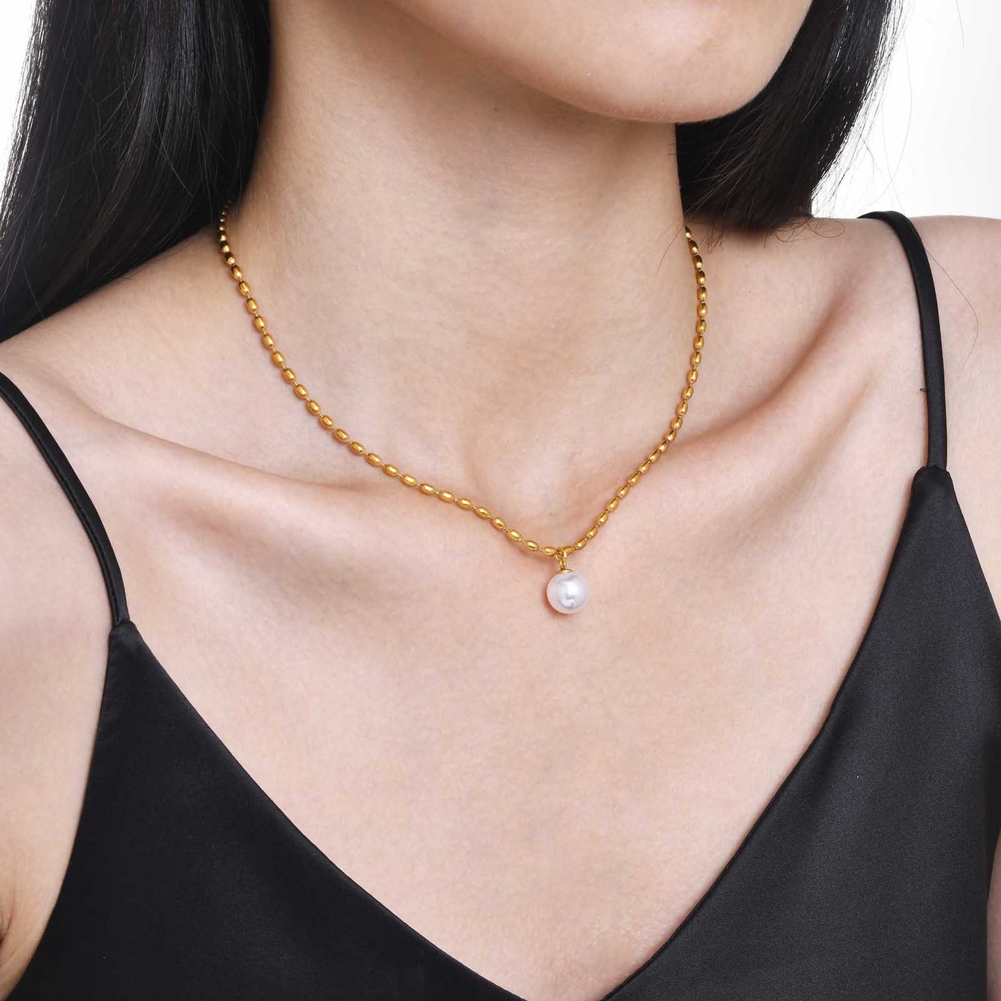 Stainless Steel Imitation Pearl Olive Bead Necklace for Ladies