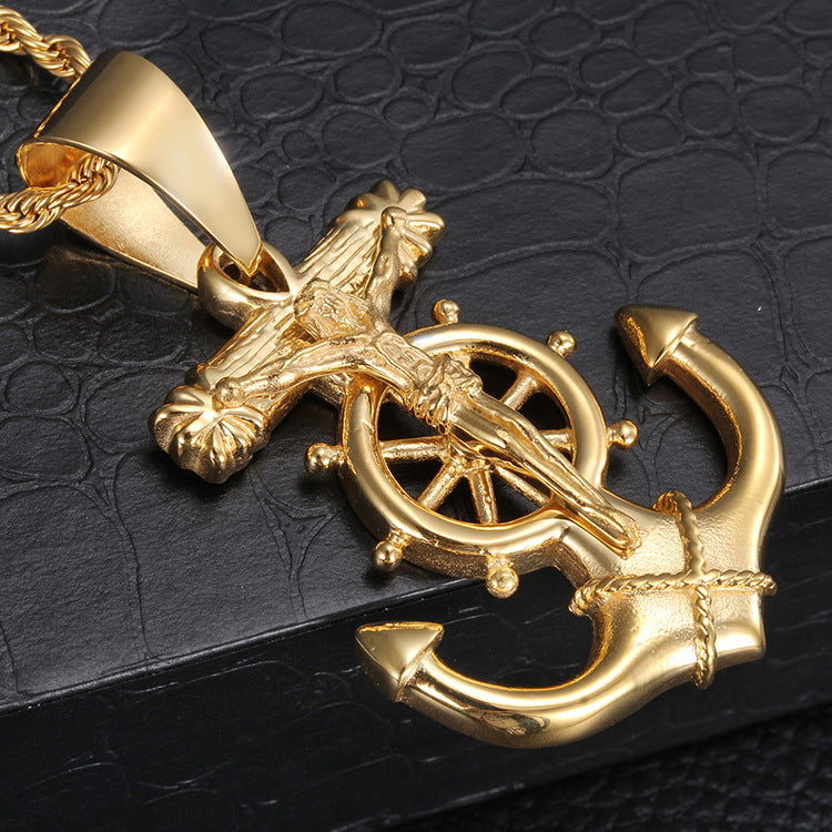 Titanium Steel Necklace, Cross Anchor Pendant, Stainless Steel Men's Pendant