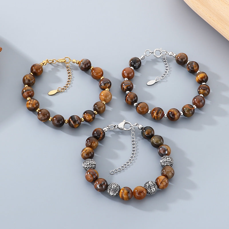 Bracelet – Tiger's Eye Stone Beaded Stainless Steel Round Beads With Extension Chain