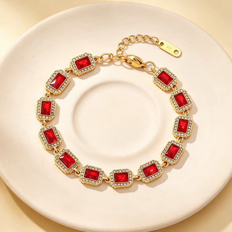 Color Surrounding Square Zircon Stainless Steel Bracelet Palace Style Adjustable