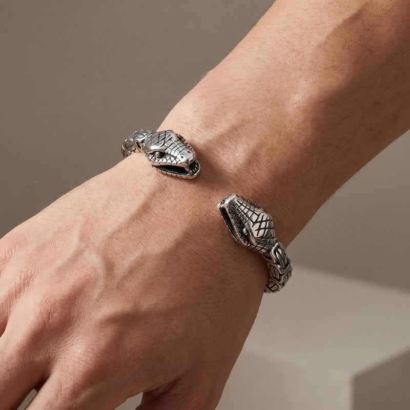 Punk Dark Bamboo Snake Head Skull Open Bracelet Hands Clenched Fist Stainless Steel Men's
