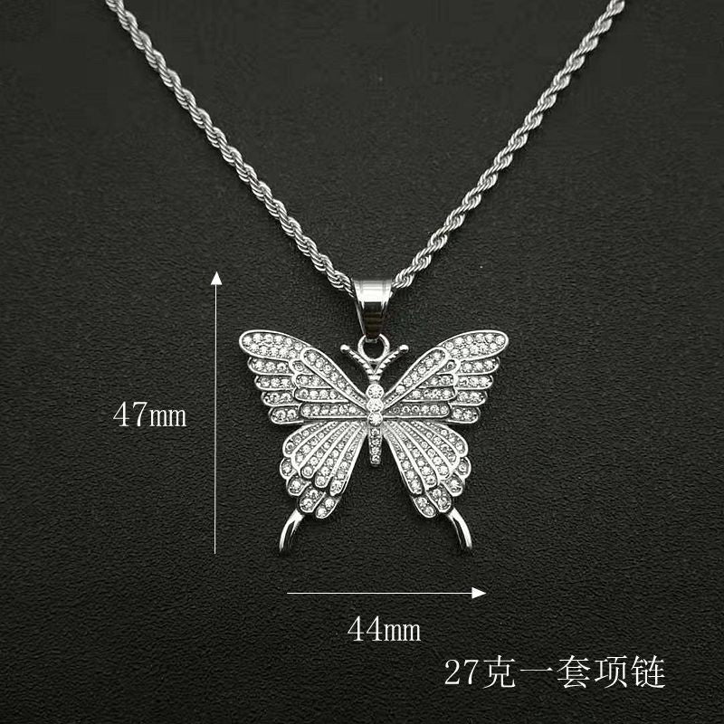 Butterfly Pendant Necklace Stainless Steel Gold Plated with Full Zircon by Planderful Everyday Genie for Hip Hop Fashion